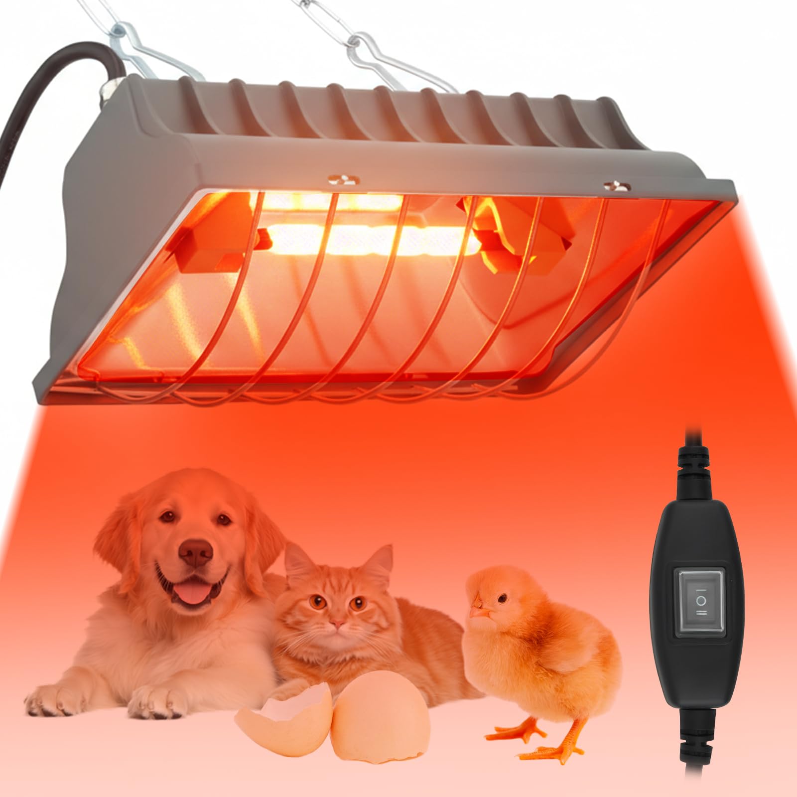 Lampe chauffante pour poulailler, 250 W, lumière rouge, avec interrupteur, câble de 1,8 m, thermostat, lampe chauffante pour poules, animaux pour poussins, porcelets, chiots, etc