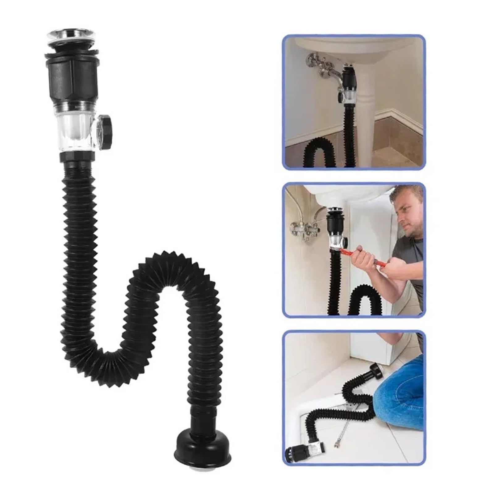 Manguera de desagüe for fregadero de cocina, aislamiento de olores, desagüe for lavabo, tuberías de desagüe horizontales y verticales universales, accesorios(Grey-1PC)