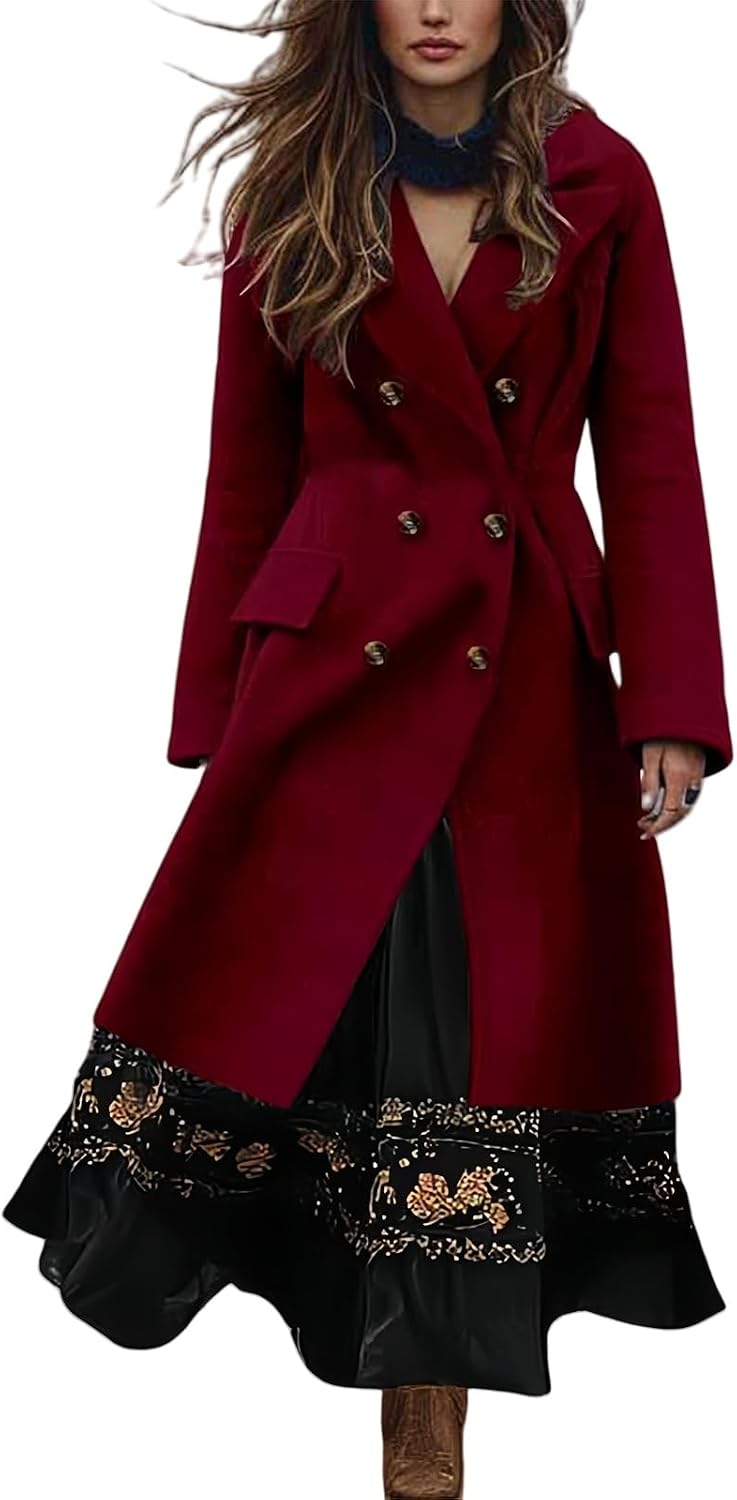 Pea Coats for Women Notch Lapel Slim Double Breasted Trench Coat Elegant Classic Long Overcoat Winter Warm Overcoat