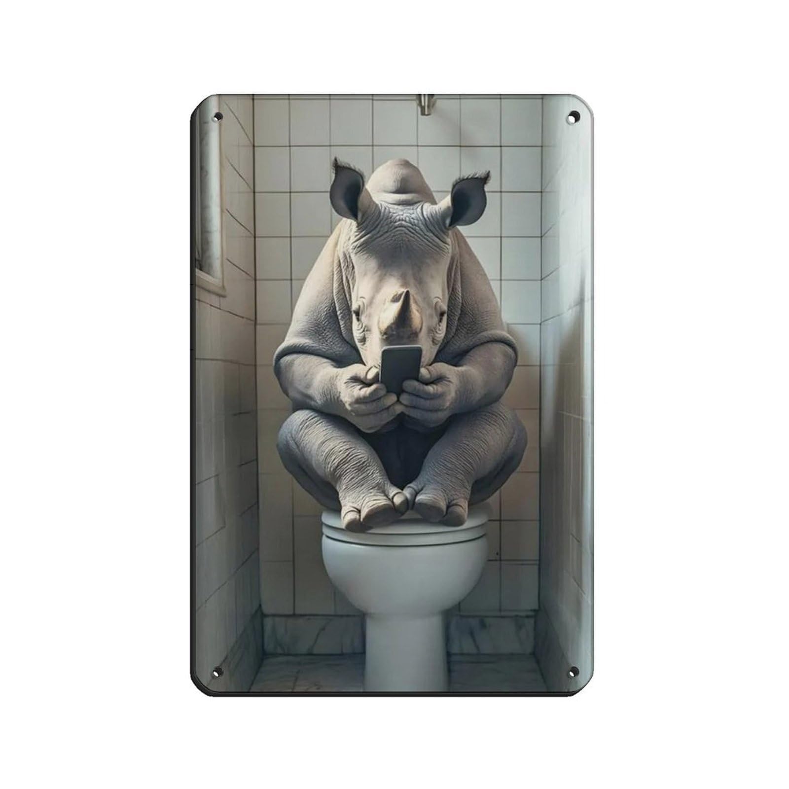 Rhino Sitting on The Toilet Watching Phone Retro Poster Metal Tin Sign Chic Art Retro Iron Painting Bar People Cave Cafe Family Garage Poster Wall Decoration 8x12inch(20x30cm)