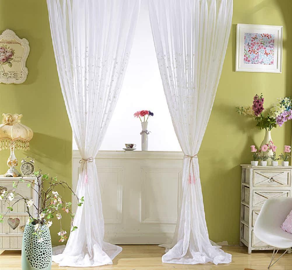 White Luxury 52 Width Window Treatments Sheer Curtains Basic Rod Pocket Top Style for Living Nursery Room Drape Beautiful Floral Embroidereds