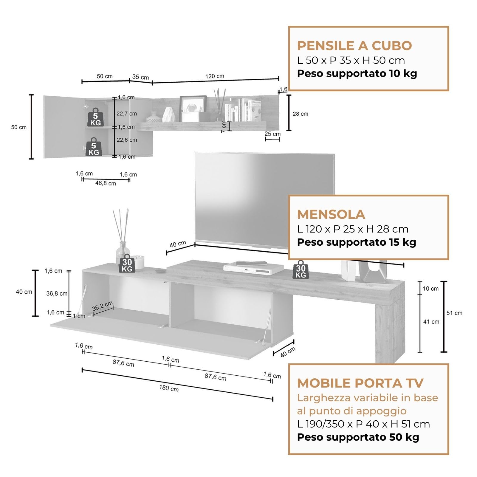 WHOUS Parete Attrezzata CHRONOS per Soggiorno, Mobile Tv Regolabile, Cubo con 1 Anta e Mensola per Salotto in Legno, 190/350x40 cm, Antracite Opaco e Rovere