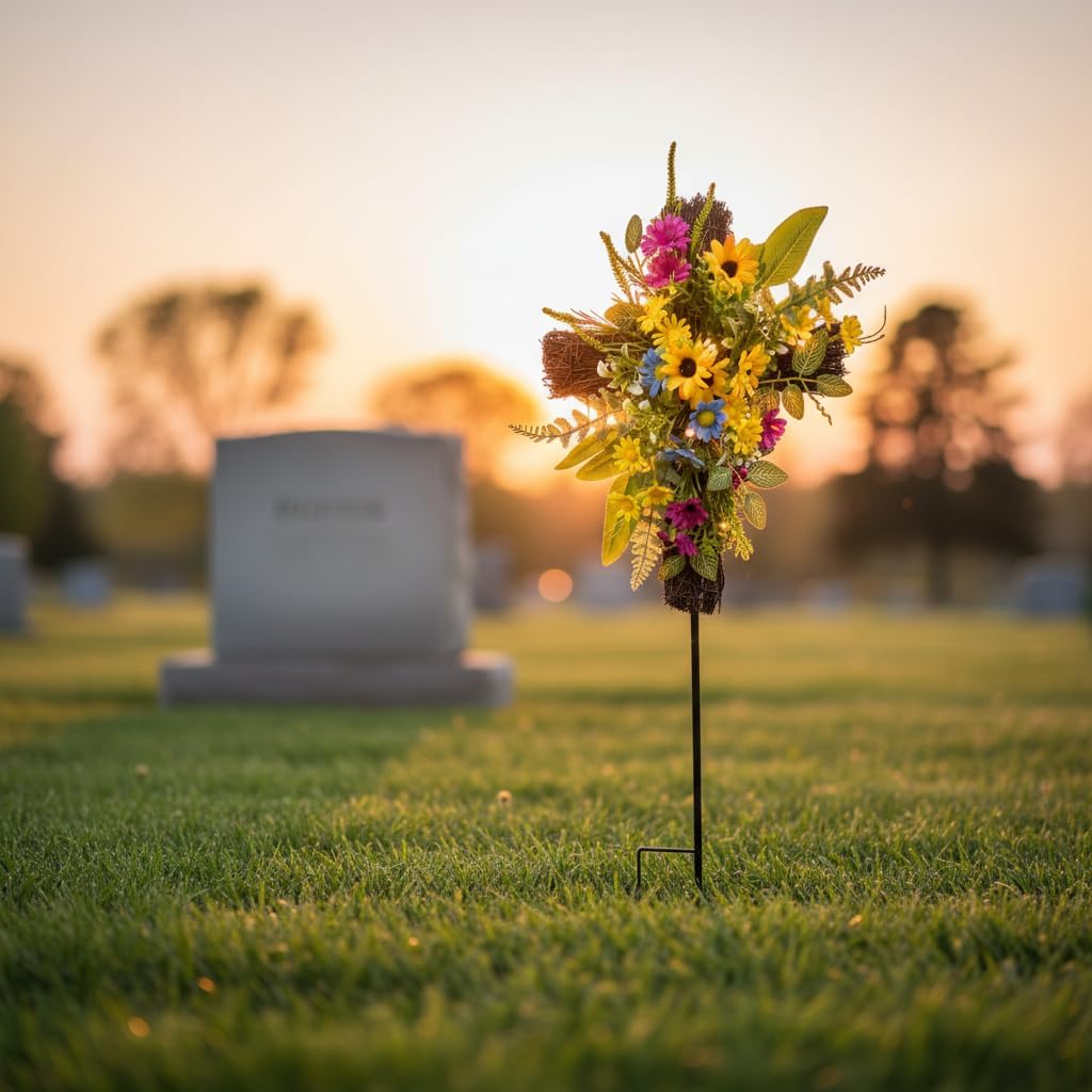 32 Inch Solar Cross Stake Lighted Cemetery Stake with Sunflowers Daisies Colorful Wildflowers for Garden Cemetery Memorial