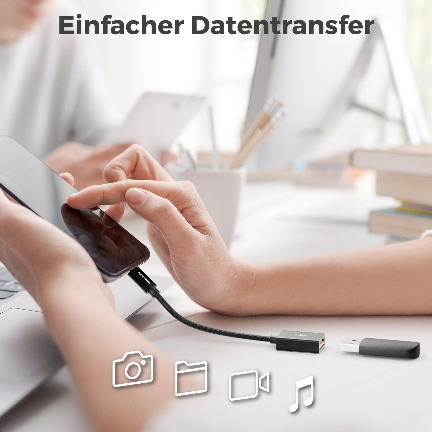deleyCON 2 Sztuki Adapter OTG USB 2.0 Kabel Nylonowy + Metalowe Złącza - Micro USB na Gniazdo USB-A Kabel Danych - Łączenie Smartfona i Tabletu z Pendrive’em - 10 cm Krótki - Czarny