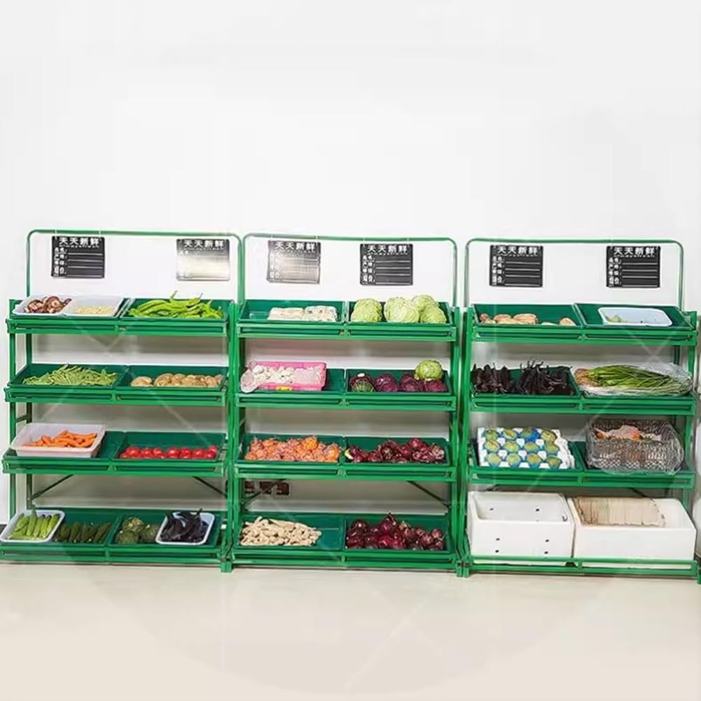 Generisch Verkaufsregal, Robustes Metallregal für Obst und Gemüse, 3/4-stufig, Grün-B, 120 x 60 x 177 cm, Supermarktregal mit hoher Tragkraft für die Lagerung von Lebensmitteln und Produkten