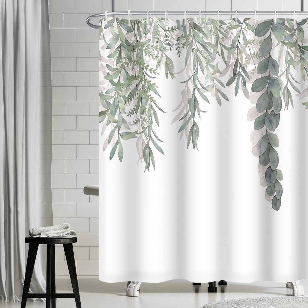 Uiiooazy Duschvorhang Mit Eukalyptus-Blatt Design – Wasserdicht, 122x183 Cm, Inkl. Haken, Polyester