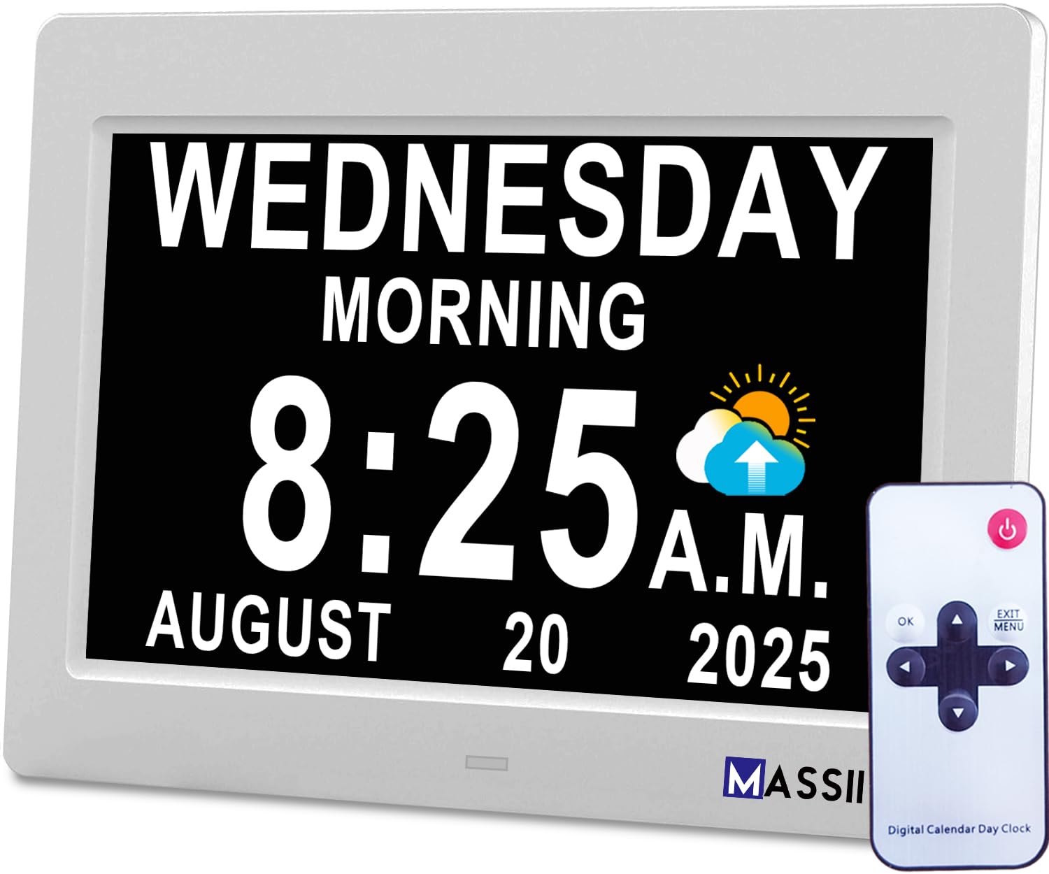 MASSII 【Aggiornato】 Orologio digitale con icone Auto DST e Sun Luna, 20 allarmi promemoria personalizzati, calendario giorno data orologio per anziani, demenza Alzheimer, orologio da 17,8 cm (nero)