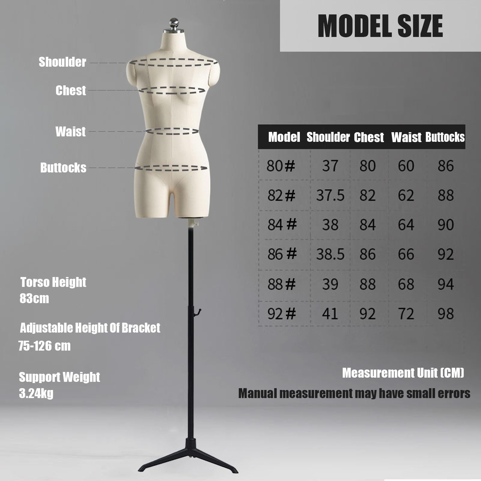 sdneNest Maniquí de costura femenino, torso, vestido para coser ropa, soporte ajustable para sastres, torso falso, beige, 82