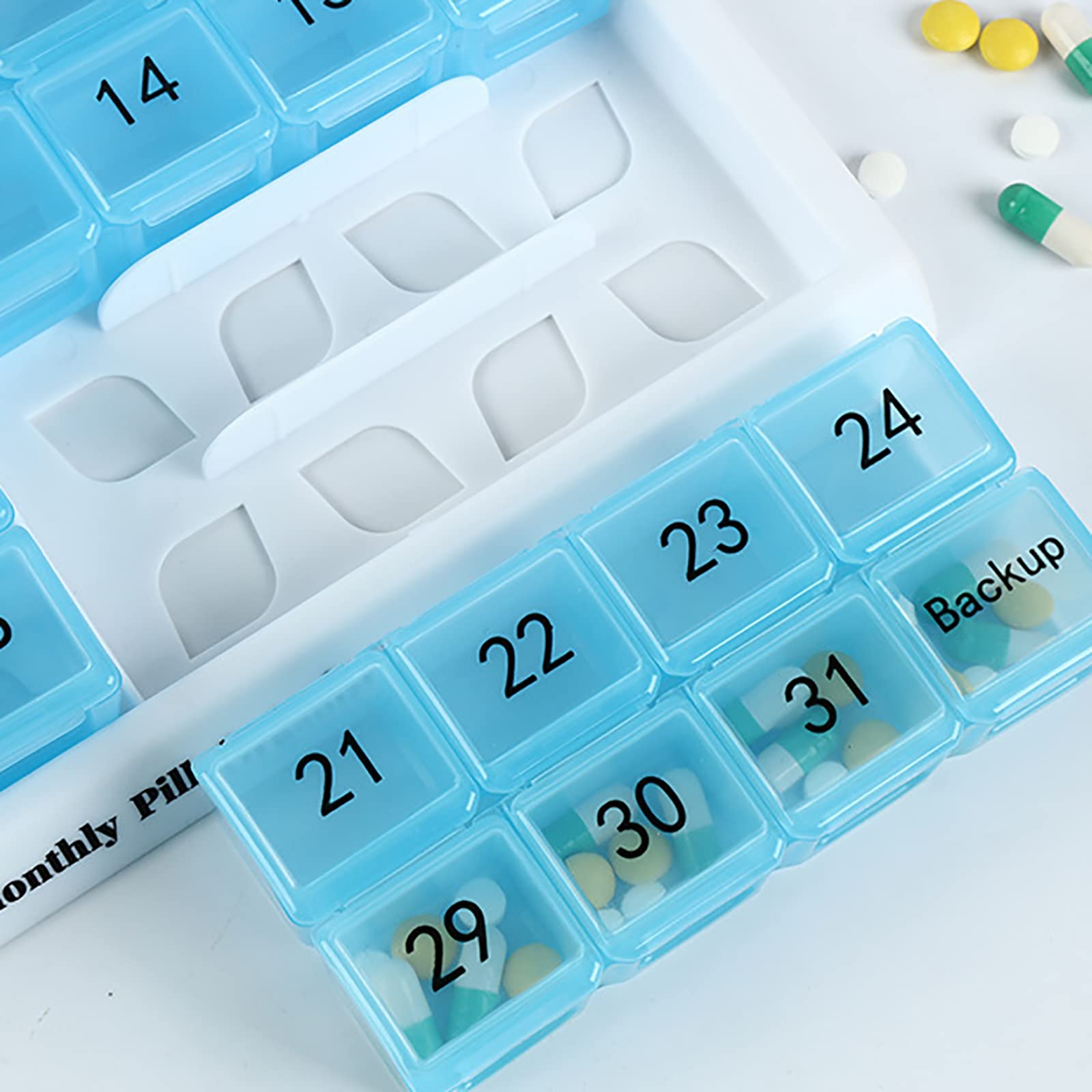 Pilulier Semainier 31 Compartiments Pilulier Mensuel 31 Capsules de Médicaments Pop Out Boîte à Medicaments Design Unique,Blue