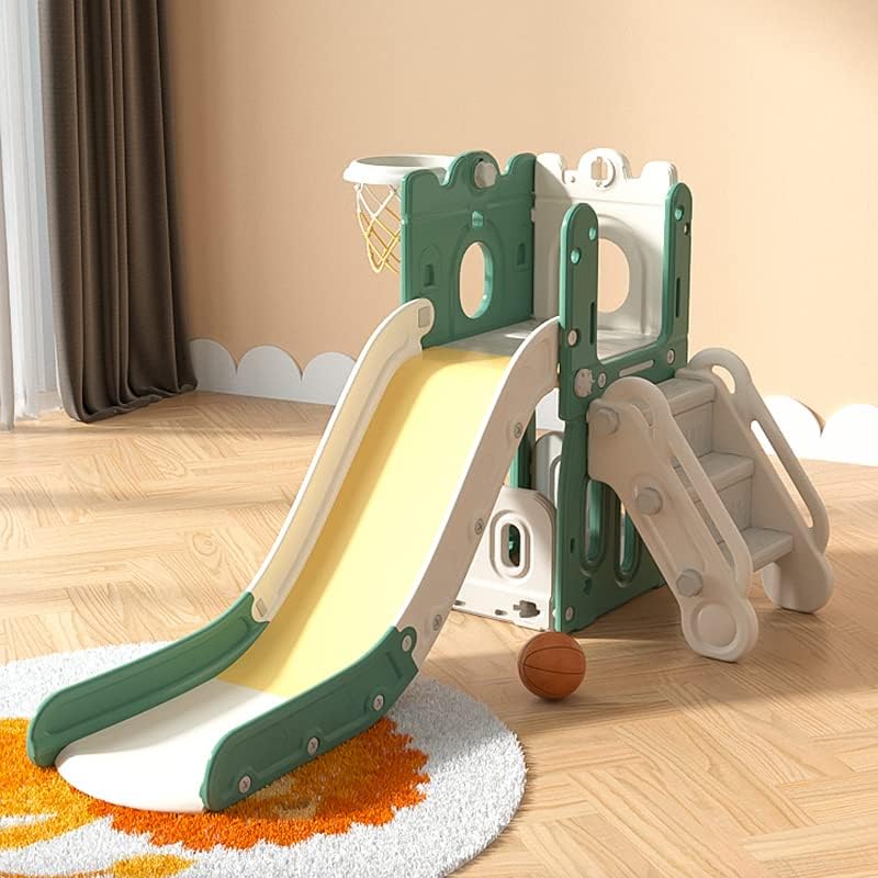 Tobogán para niños pequeños con aro de baloncesto de plástico, plegable, escalones cerrados, gran área de espera, fácil de montar, juguete de