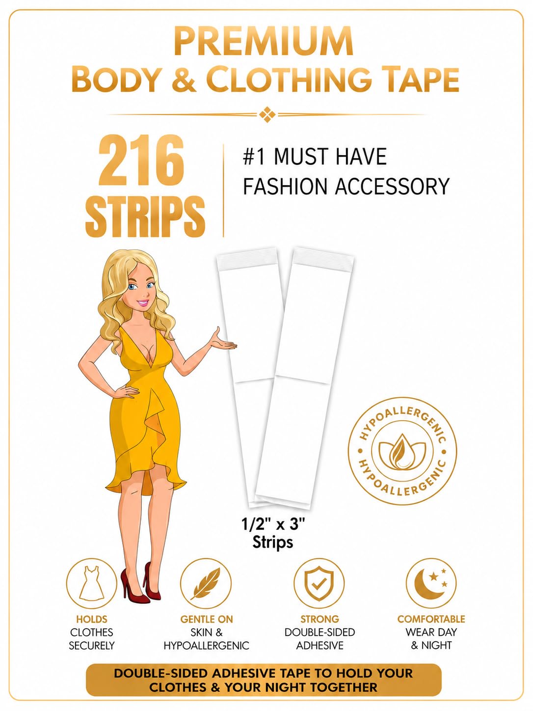 ZOXAR 216 Strips Invisible Double-Sided Fashion Tape – Skin-Friendly, Strong Hold, Waterproof Body Tape for Dress, Bra, Neckline, Slit, Hypoallergenic, Outfit & Wardrobe Fixes- 1.27 x 8.52 cm
