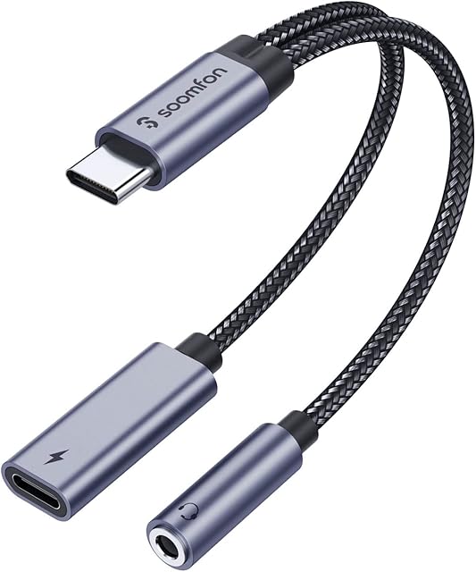 SOOMFON USB C to 3.5mm Jack Headphones and Charger Adapter , 2 in 1 USB Type C to Aux Adapter with PD 60W Fast Charging Cable, for for iPad Pro 2020, Galaxy S20+, Pixel 4 XL, and More(Gray)