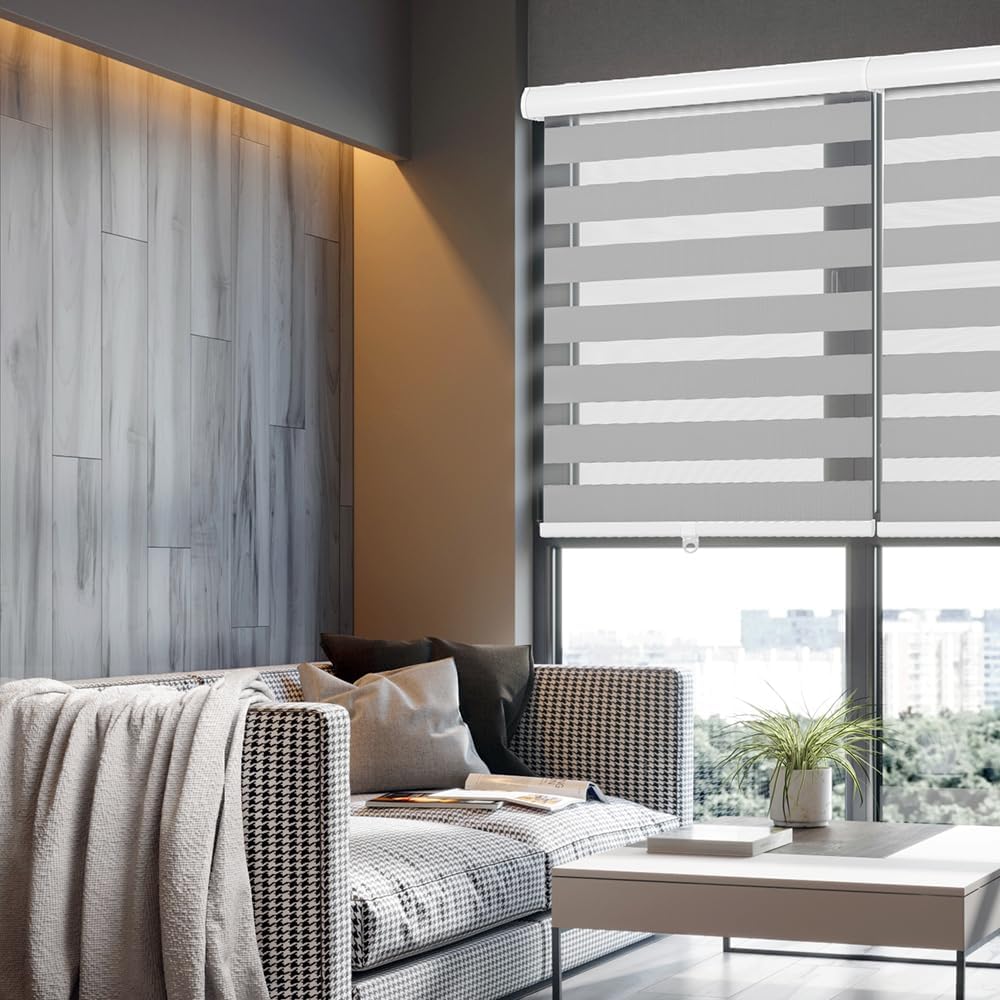 Cordless Zebra Blinds for Windows, 50" W x 72" H Zebra Roller Shades with Valance Free Stop Zebra Roller Shades, Light Control Window Treatments Dual Layer Sheer Blinds for Day and Night, Grey