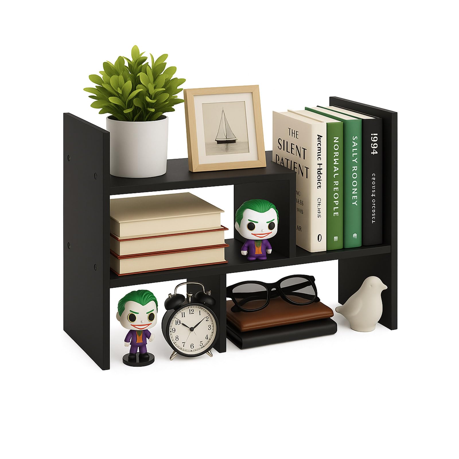 SUNNYNEST Expandable Wood Desktop Bookshelf Adjustable Desk Organizer, Freestanding Desk Storage Rack for Home Office (Black)