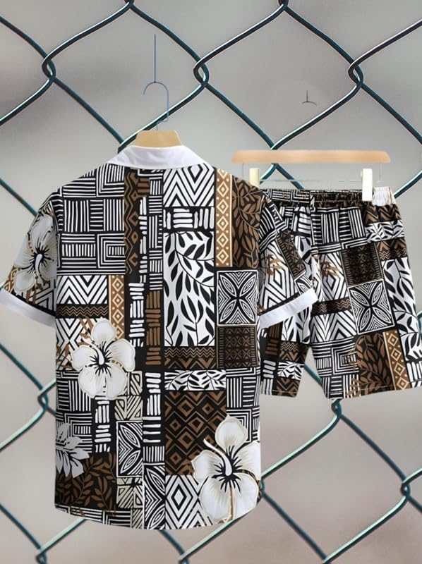 Image of Men's Printed Co-Ord Set | Plus Size Casual Shirt & Shorts Set | Nightwear Pajama Suit, Loungewear, Beachwear & Vacation Outfit Design No Shirt-Short Set10-Parent