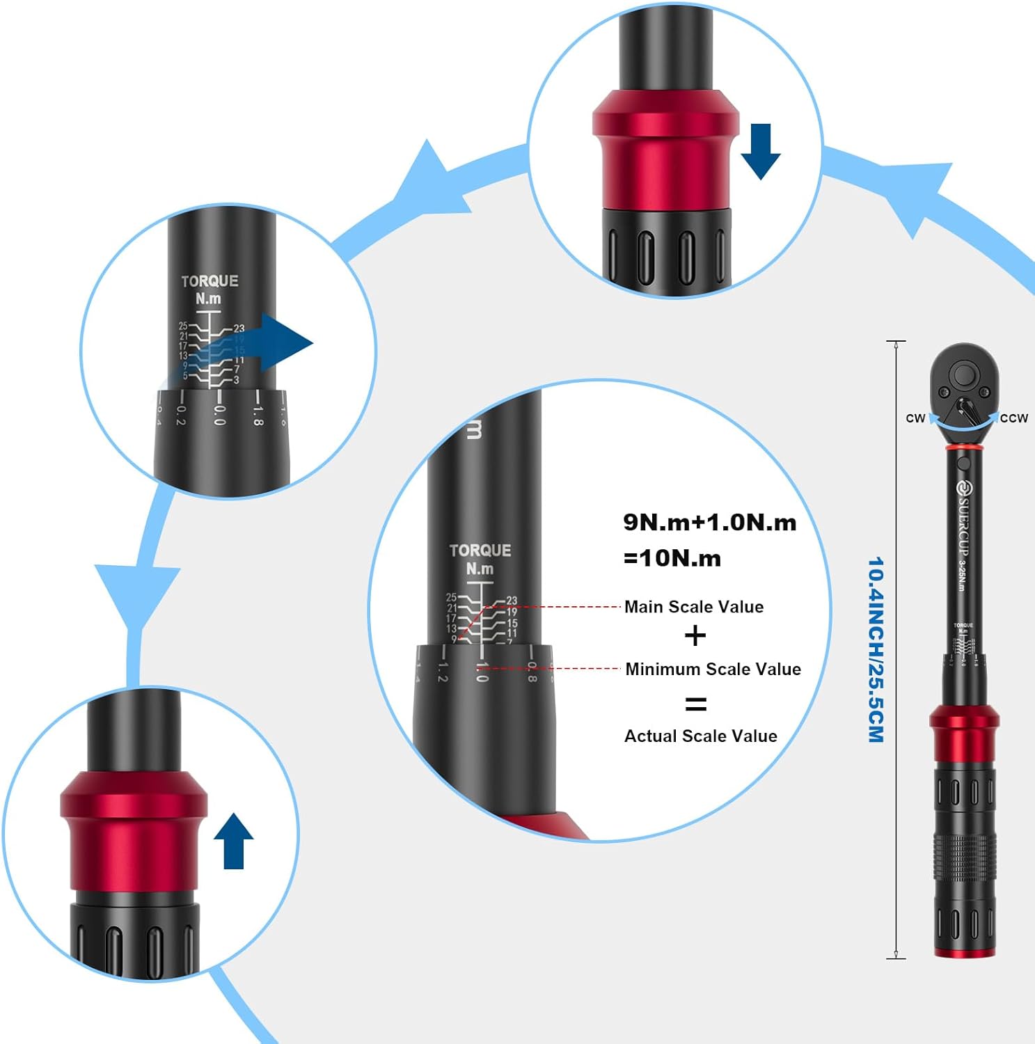 1/4" 50 PCS Torque Wrench Set, 3-25Nm 72 Tooth Drive Click Torque Wrench Set with S2 Bit Sockets, 1/4" Extension Bar and 3/8" Adapter, Used for Bicycle Maintenance and DIY