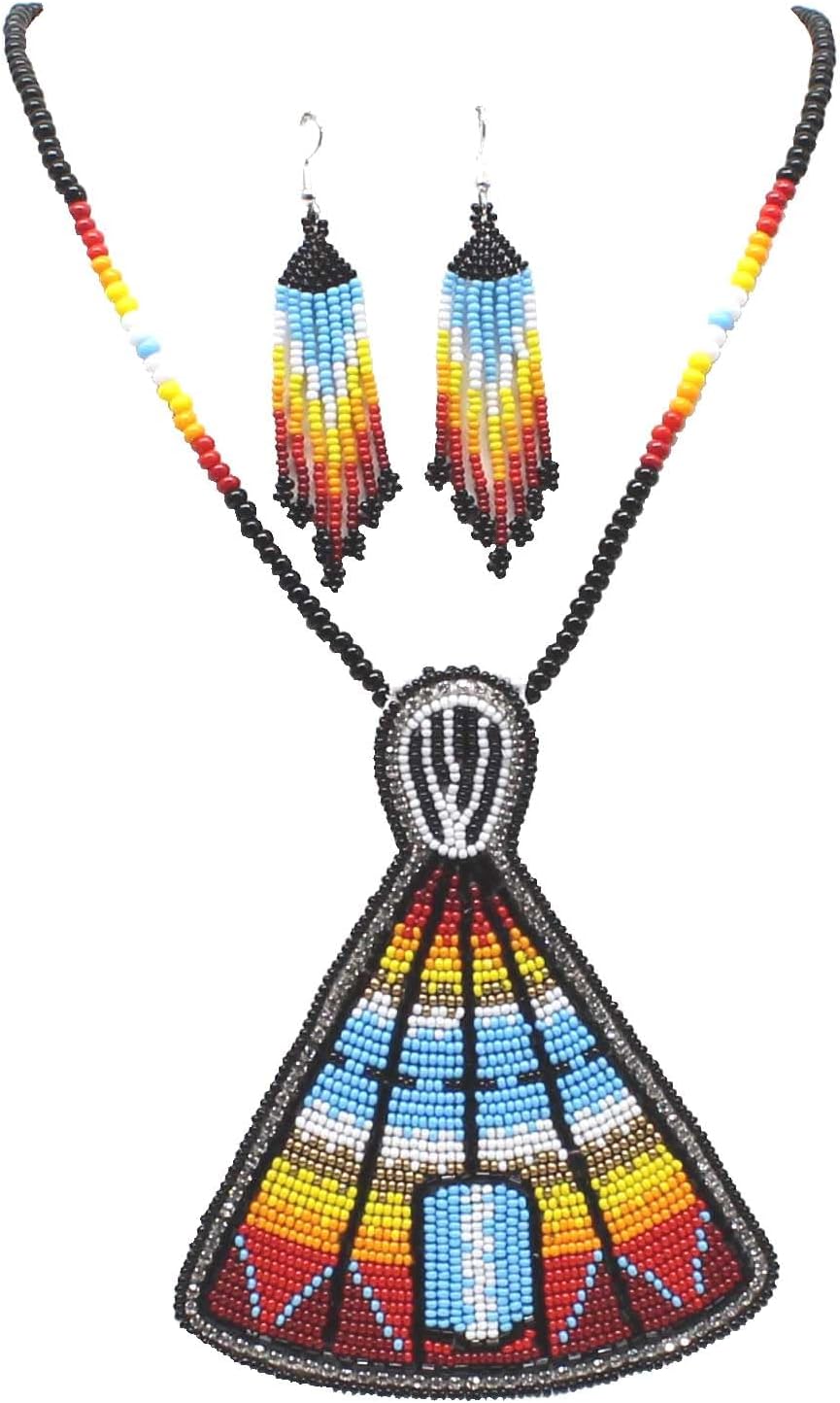 Handmade Beaded Tepee Necklace and Earrings Set, 17 Inch Drop, Multicolor with Czech Beads