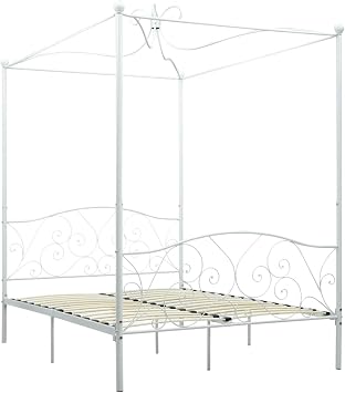 Bed Frame 4 Poster Bed Base White Metal 120x200 cm Canopy Bed with Storage Underneath Bedroom Furniture Bed white Metal Bed Option3