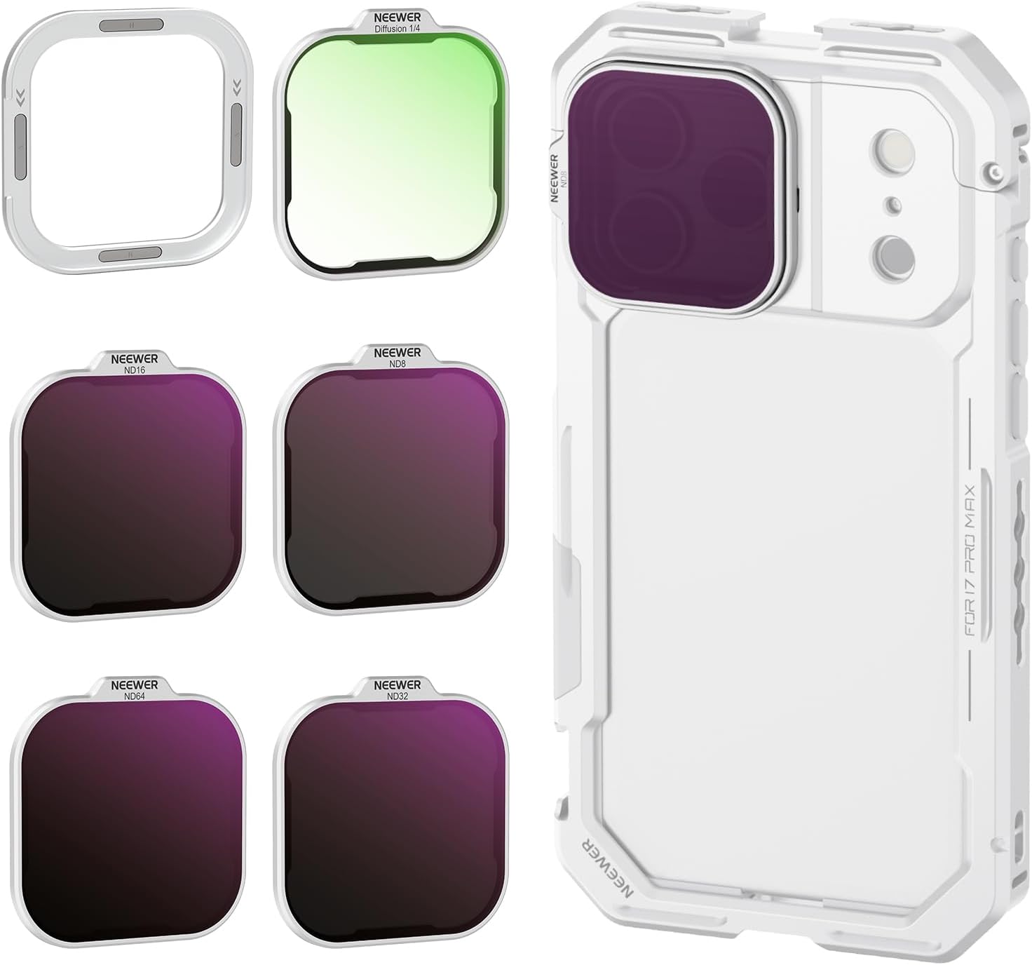 NEEWER ND Filter Set for PA143/PA144 Phone Cage Only, Neutral Density ND8/16/32/64 + Black Diffusion 1/4 + Magnetic Backplate, Filter Accessories Kit Compatible with iPhone 17 Pro/17 Pro Max, Silver