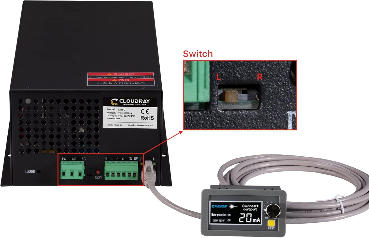 Cloudray 150W CO2 Laser Power Supply with external ammeter connected, showing the switch