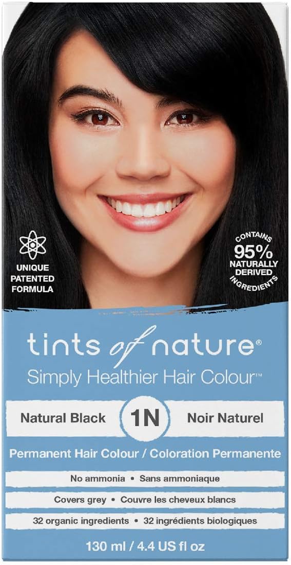 Tints of Nature 1N Natural Black Permanent Hair Dye, Nourishes Hair and Covers Greys, Ammonia-Free, 130ml