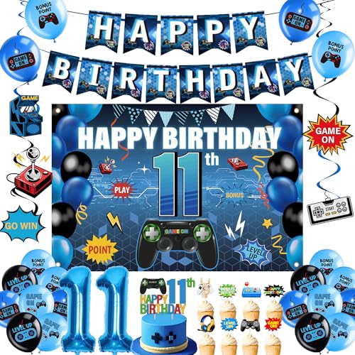 Gaming 11th Birthday Decorations Boy - 31 Pcs Video Game Party Decoration including Banners, Hanging Swirls, Number 11 Foil Balloon, Backdrop and Latex Balloons for Kids 11 Years Old Party Supplies