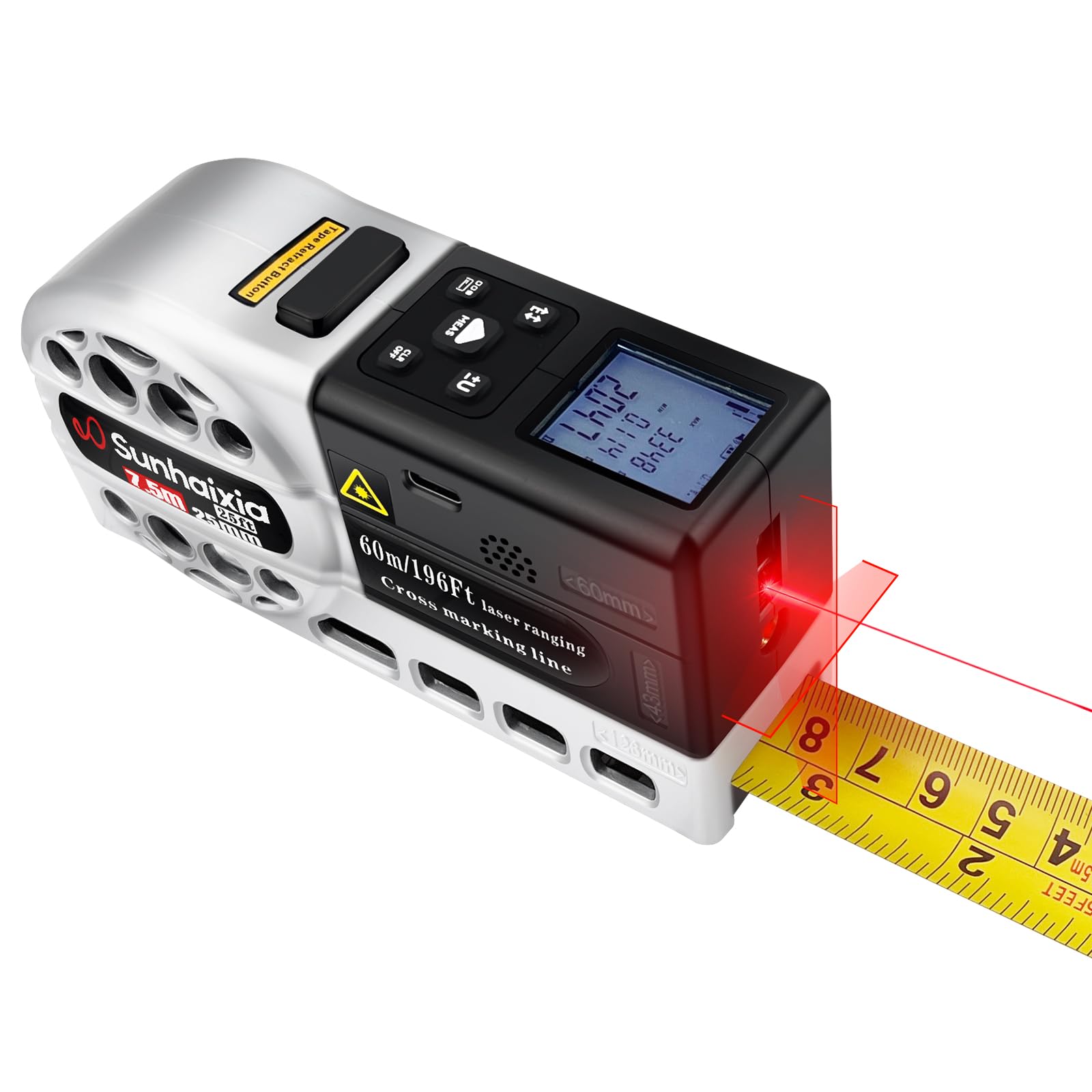 Cinta métrica láser digital 2 en 1 | Medidor de distancia láser de 40 m en pantalla LCD retroiluminada con cinta métrica AutoLock de 16 pies | Pies/pulgada/Fracciones/M/mm