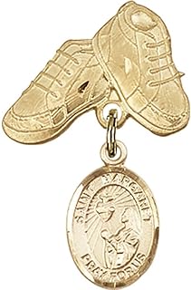 14kt Yellow Gold Baby Badge with St. Margaret Mary Alacoque Charm and Baby Boots Pin 1 X 5/8 inches
