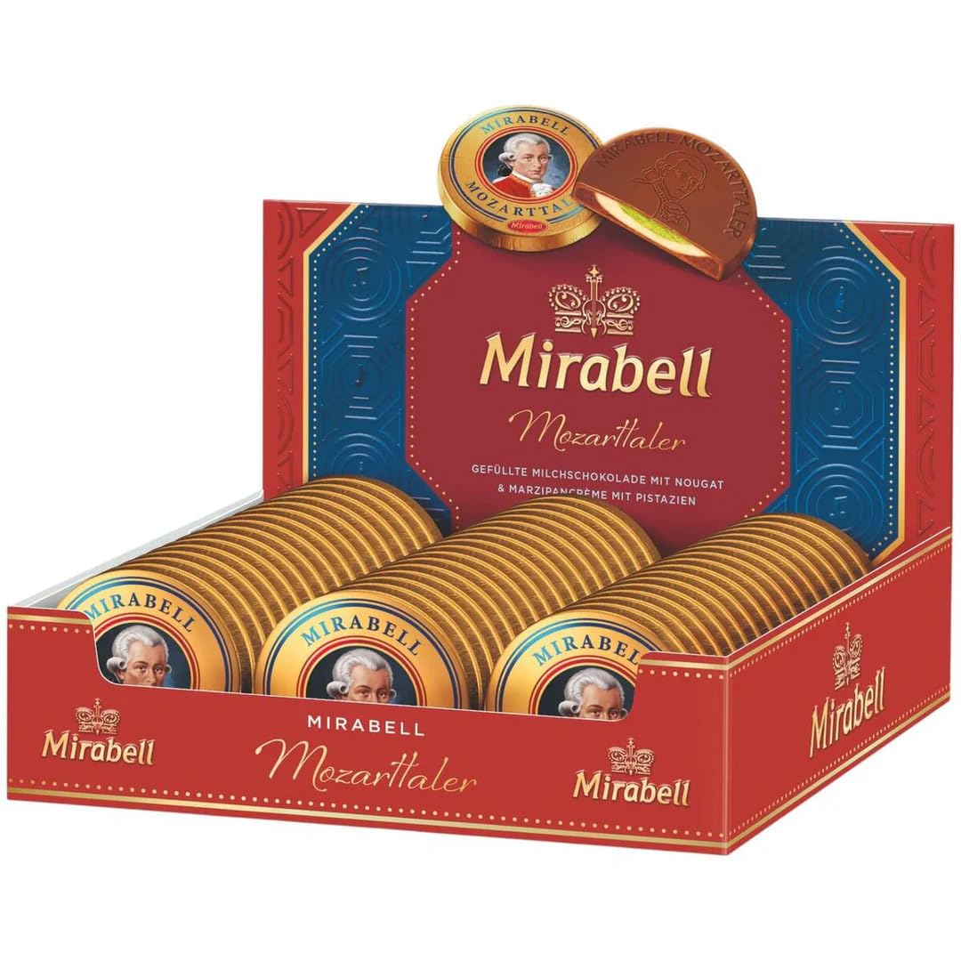 Mirabell Mozarttaler – 48 Stück (873 g) – Feine Pralinen mit Pistazien-, Haselnuss- und Mandelnougatfüllung (48er, 873g)