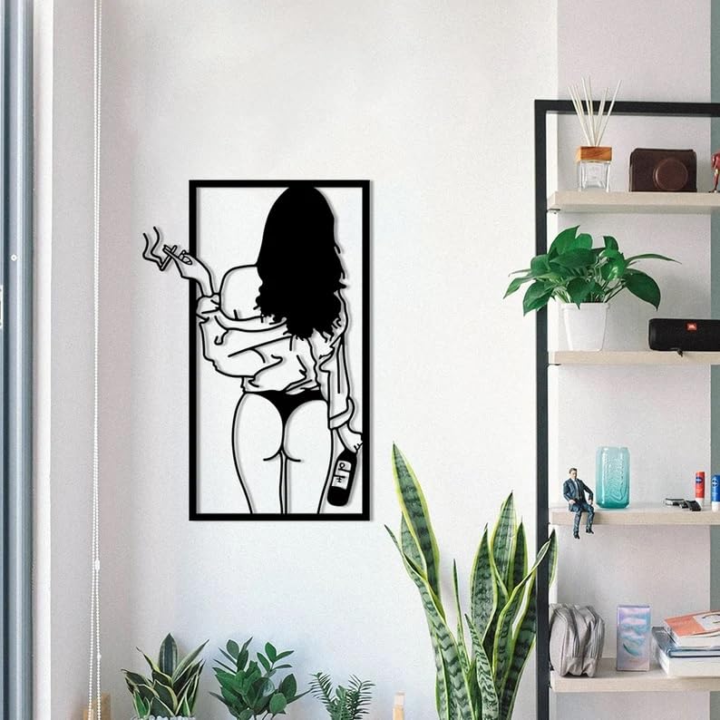 BLIND SHOP Feminine and Elegant Home Decor, Modern Abstract Female Single Line Art,Woman With Cigarette & Beer Art, Metal Artwork for Wall, Outline Art-picture-41