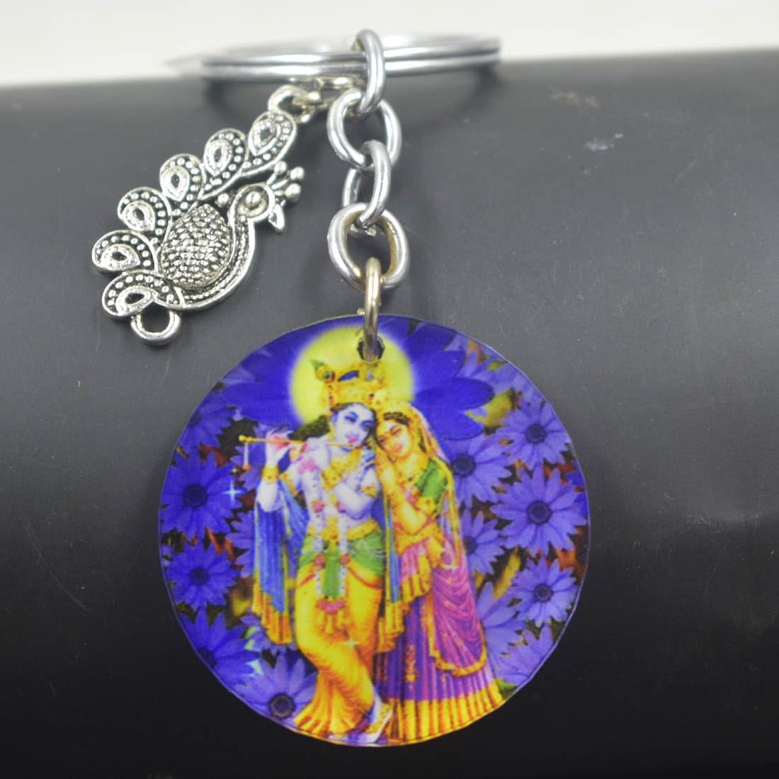 Lord Krishna Radha Basuri Theme Peacock Charm Keychain for Men and Women-image-6
