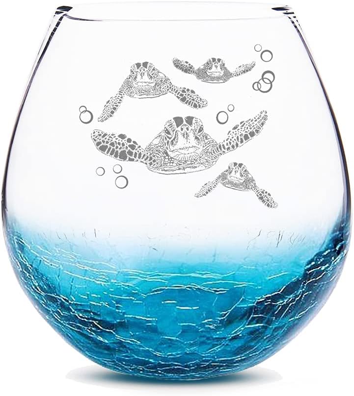 Sea Turtle Gifts for Women, Etched Sea Turtles Family Handmade Engraved Crackle Turquoise Beach Wine Glass With Velvet Gift Box 18 Ounces - Image 4