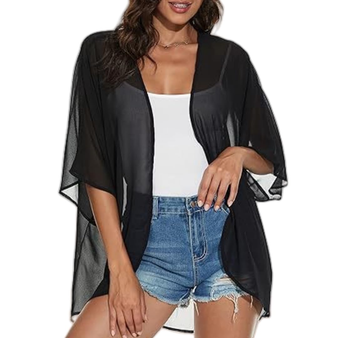 WLLDDDIU Summer Cardigans for Women UK, Chiffon Sheer Shrug Cardigans for Women Loose Fit Open Front Blouse Tops 3/4 Sleeve See Through Bolero Jacket Summer Kimono Cover Ups Beachwear Black L