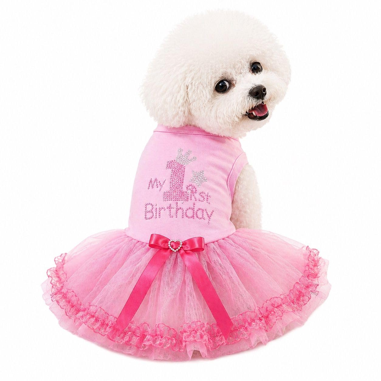 Petitebella Pink Rhinestones My 1st Birthday Puppy Dog Dress (Pink/Pinks Lace, XXX-Large) โ image 1