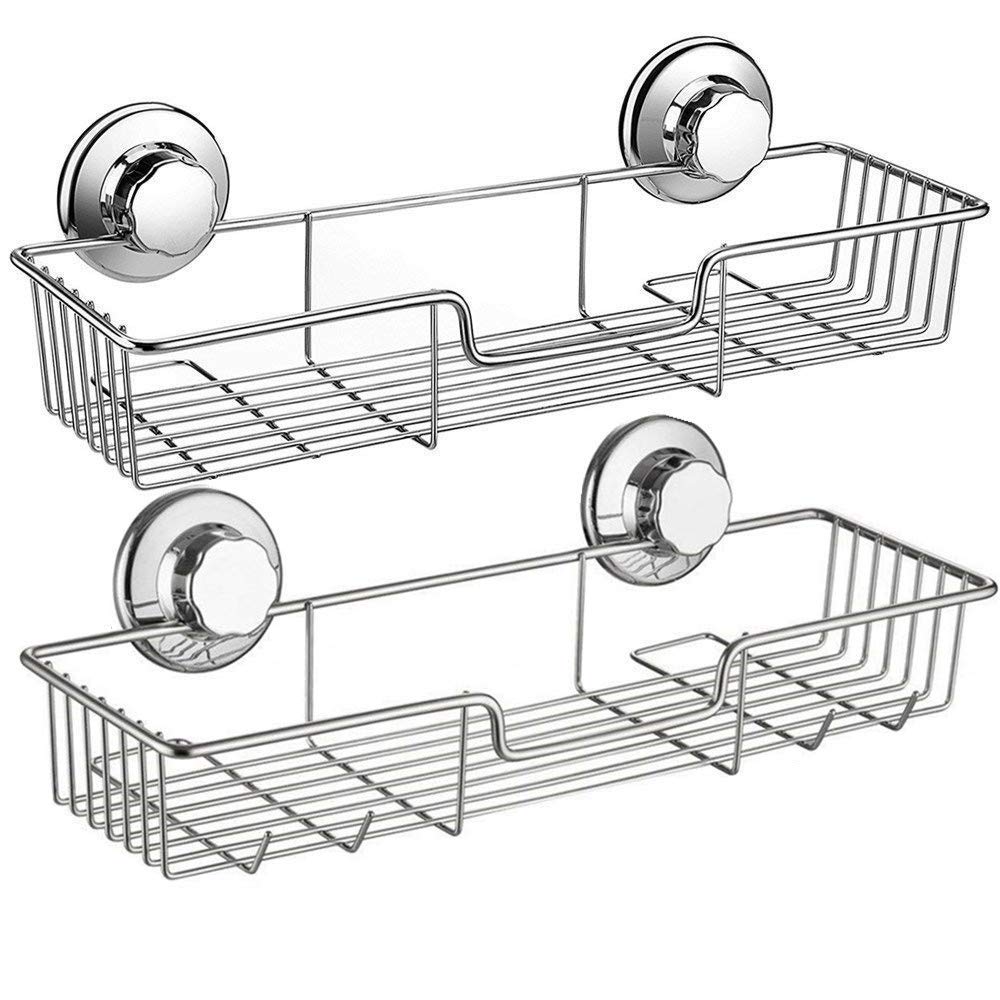 MONOKIT Shower Caddy Suction Cup Basket-Command Bathroom Shower Wall Caddy Organizer Shelf with Hooks Stainless Steel Large Shampoo