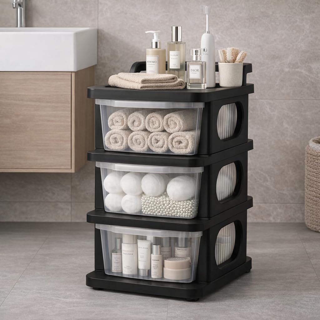 Heavy Plastic Storage Drawer with Wheels | Modular Cabinet for Home, Office, School, Hospital, Kitchen, Cosmetics, Clothes, Toys (Black with Transparent., 3 Layer)