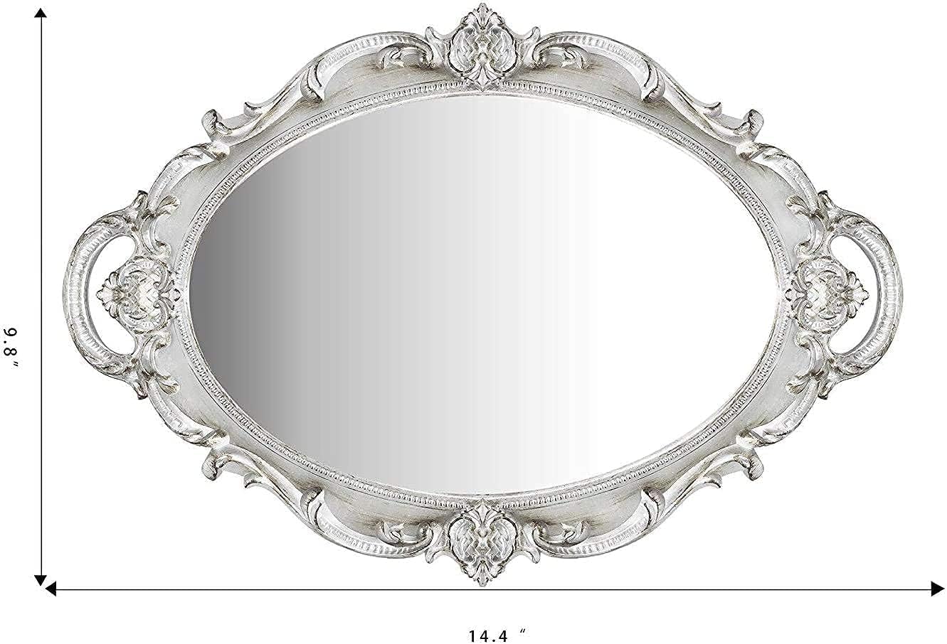 Oval Printed Decorative Mirror Tray, French Style, Mirror, Makeup Organizer, Jewelry Organizer, Serving Tray, 9.8"x 14.6", Silver