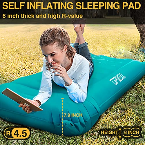 Upwell Sleeping Pad For Camping, 6 Inch Thick Self Inflating Sleeping Mat With Pillow & Built In Foot Pump - Extra Wide Camping Air Mattress - Ultimate For Backpacking, Hiking, Traveling, Peacock Blue #TOP2