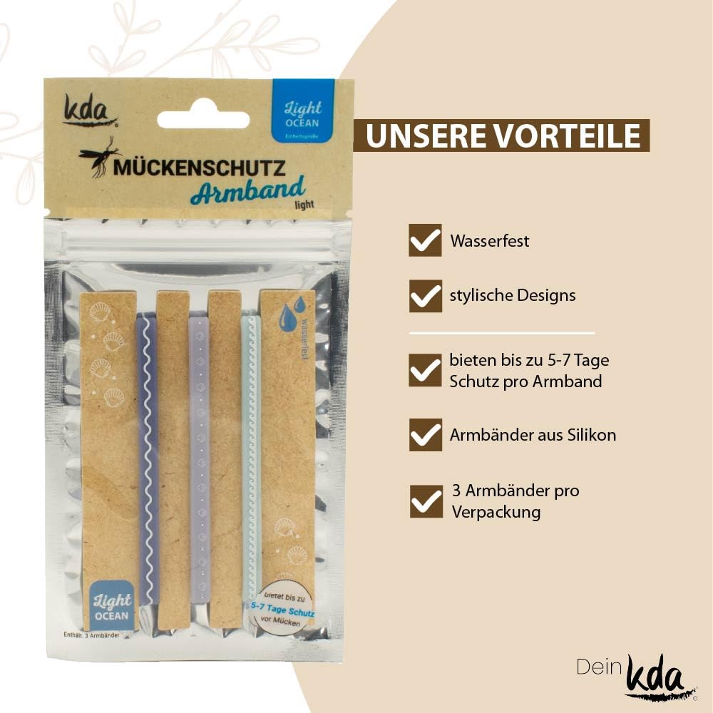 kda Mückenschutzarmband Light 3er Sparset - Silikon Mückenarmband Camping Wandern 3er Set (3x Ocean)