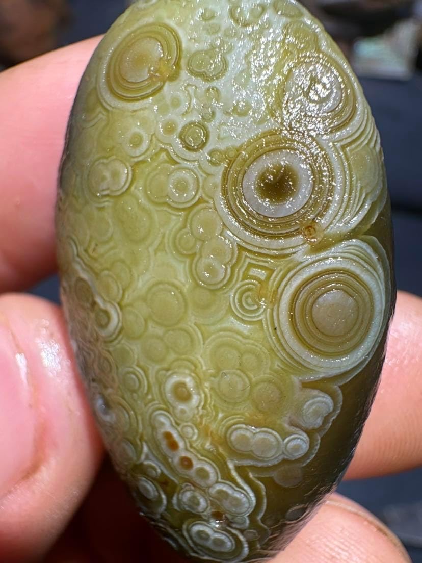 Natural Gobi Desert Multi-Eye Agate Cabochon 16g 41×23×11mm - Rare Olive Green Banded Agate, Untreated Wind-Polished Stone for Jewelry & Collection