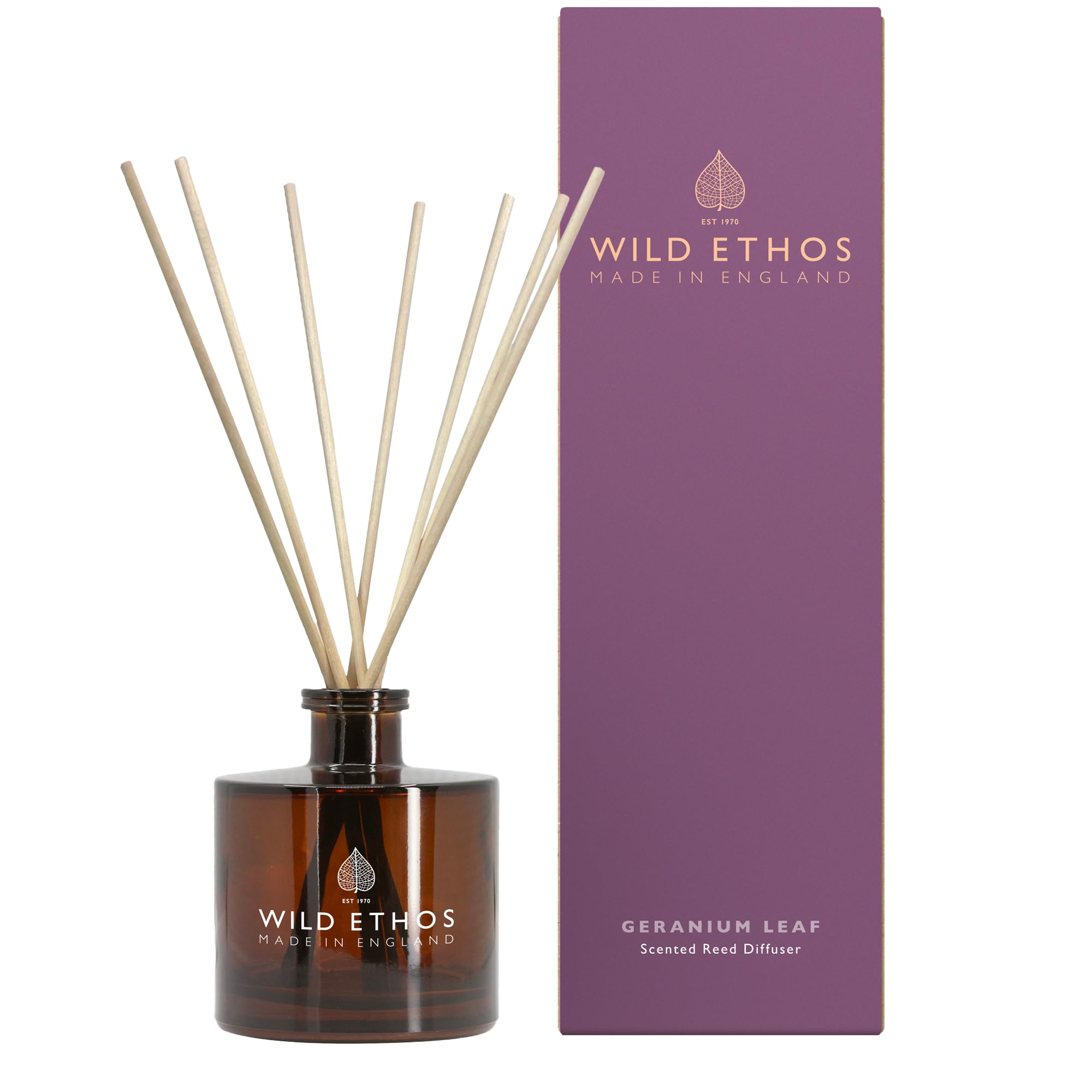Wild Ethos Scented Reed Diffuser - Select Your Scent - Blended Natural Essential Oils - Lasts 16 Weeks - Made In The UK (Geranium Leaf)