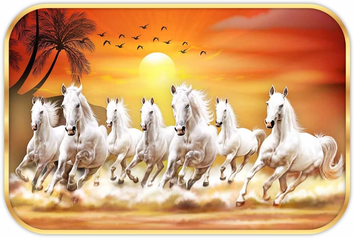 SAF 7 Running Horses at Sunrise Vastu Wall Art - Sparkle Glossy Round Golden Framed Large Painting for Office, Living Room, Bedroom, Home Wall Decoration Animals Art (Multicolour)