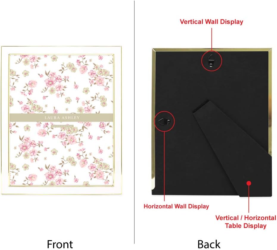 Laura Ashley 8x10 White Enamel Picture Frame, Gold Metal Edge with Easel, for Countertop, Counterspace, Tabletop Display, Bookshelf, Desk, Wall Décor, Photo Gallery