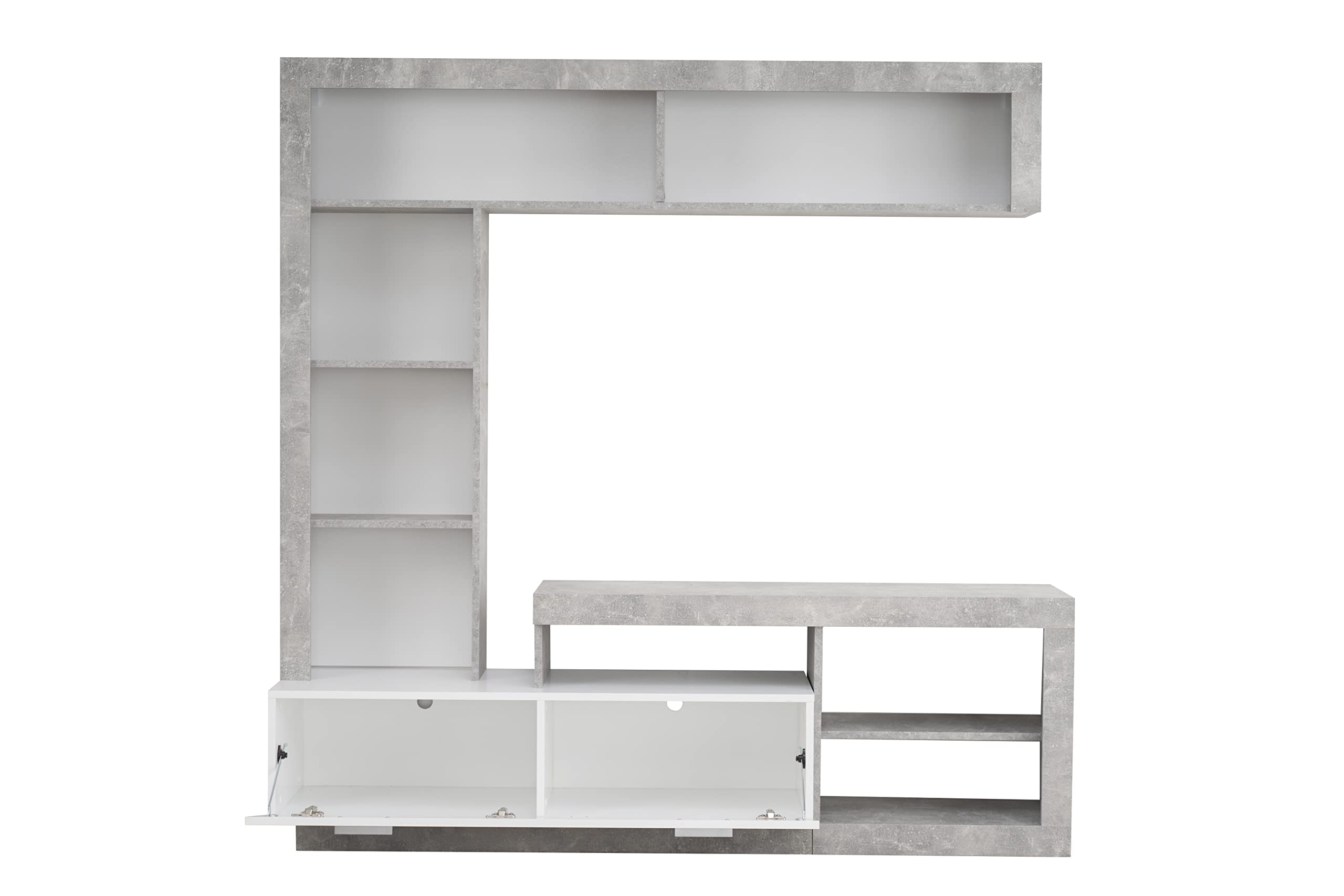 AVANTI TRENDSTORE - Glendo - Parete multimediale in legno laminato nel colore grigio cemento e bianco con tanti vani aperti e una porta a ribalta. Dimensioni LAP 171x171x42 cm
