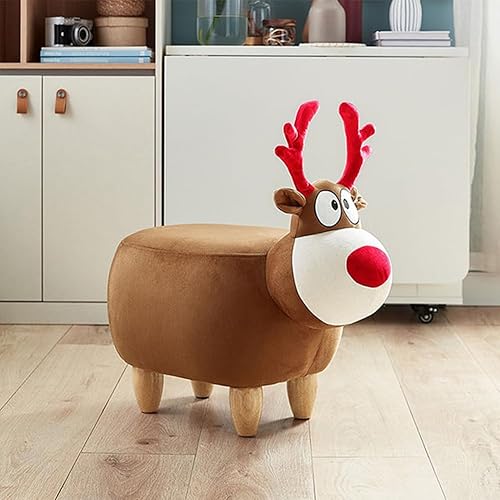 Miniatura 4 de WAYUTO Reposapiés de animales con almacenamiento, puf otomano tapizado de felpa con ciervo, taburete de madera para sala de estar, dormitorio,