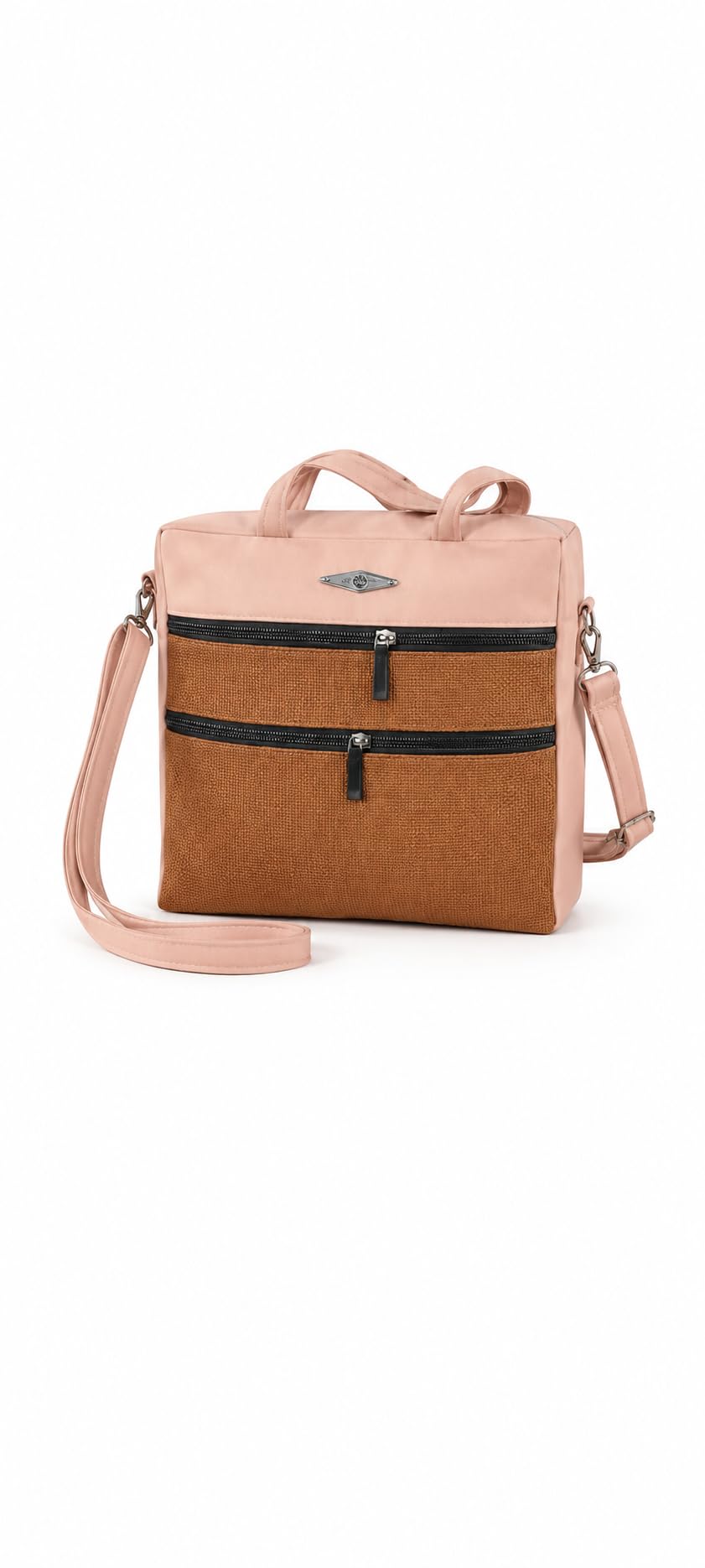 Women's Handbag with Crossbody Strap, Dual Zip, Beige and Brown-image-37