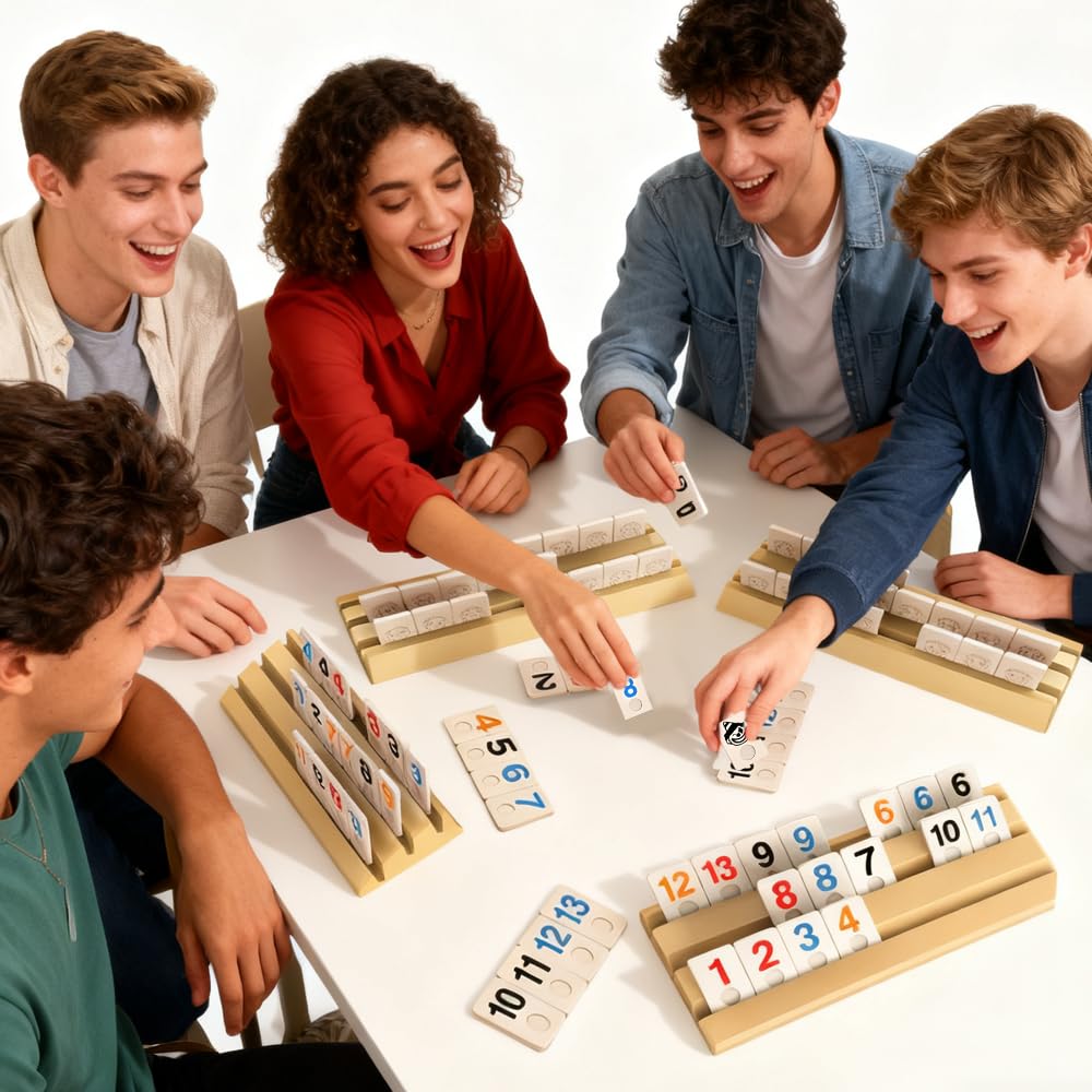 Rummy Jeu de Societe, Rami Jeux de Carte Coffret avec 1 Sac de Rangement, 4 Support, 112 Tuiles Robustes, Jeu de Rummy pour Les Joueurs