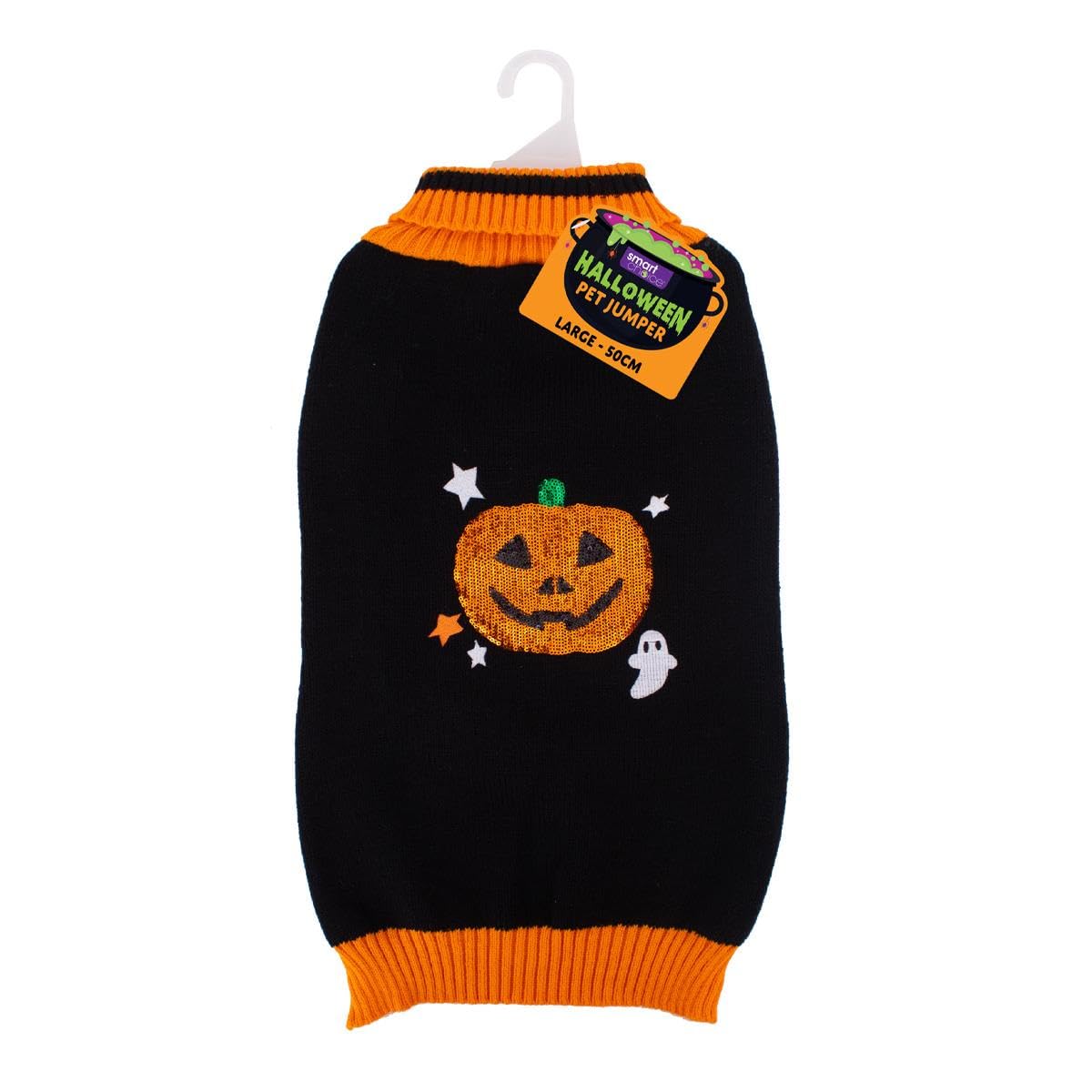 Large Halloween Orange Black Pet Jumper - Dog Puppy Pumpkin Design Sequin Sweater Sweatshirt Knitwear Pullover Outfit Party Clothes Turtleneck Cat Kitten