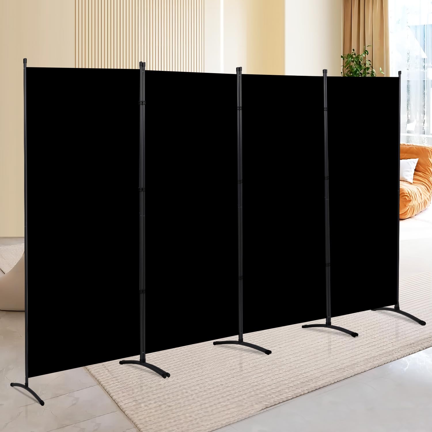 4 Panel Folding Privacy Screens, 6 FT Tall Wall Divider with Metal Frame, Freestanding Room Divider for Office Bedroom Study (4 Panel, Black)