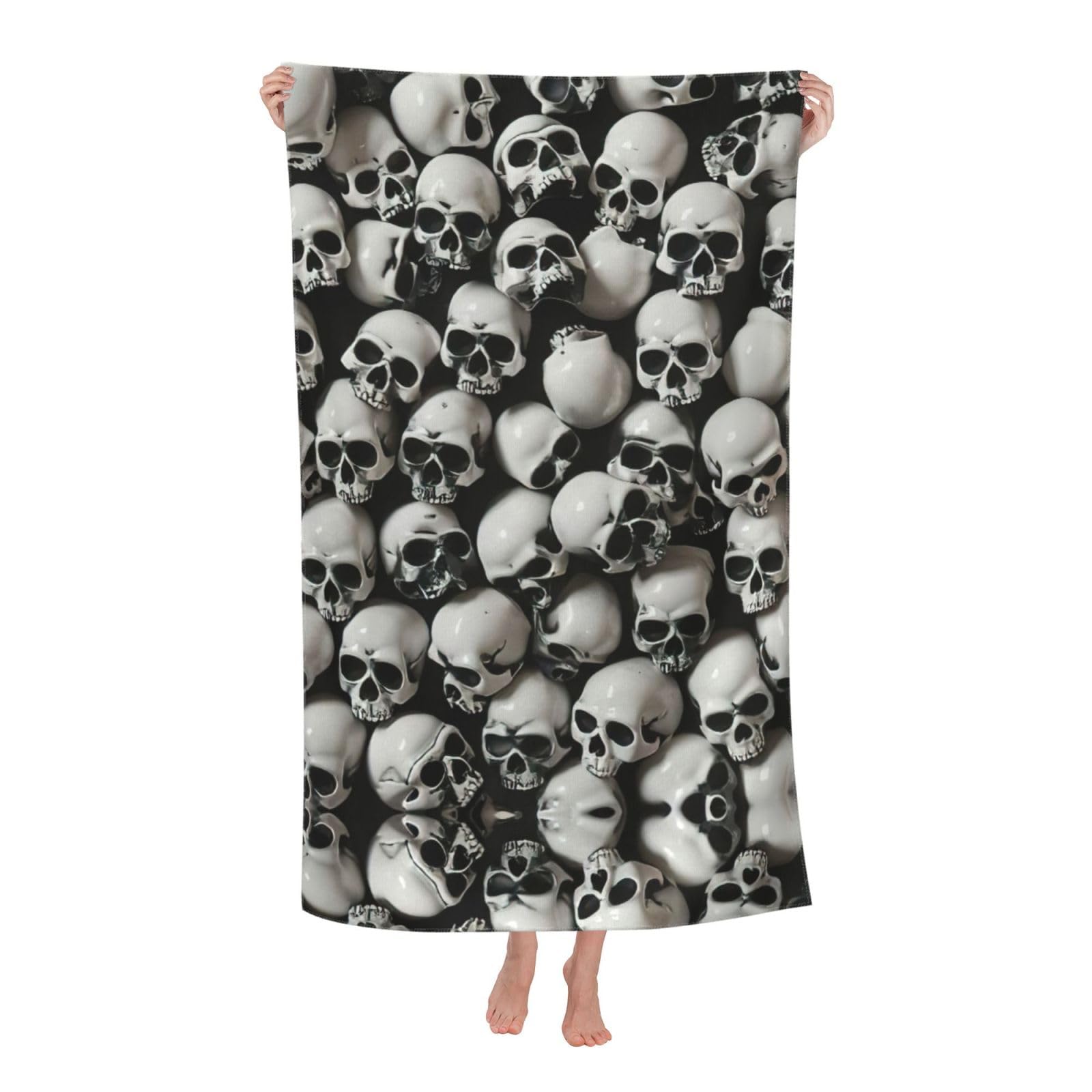 Pojknbv White Black Skull Print Oversized Adult Beach Towel Quick-Dry Comfortable Lightweight Travel Pool Camping